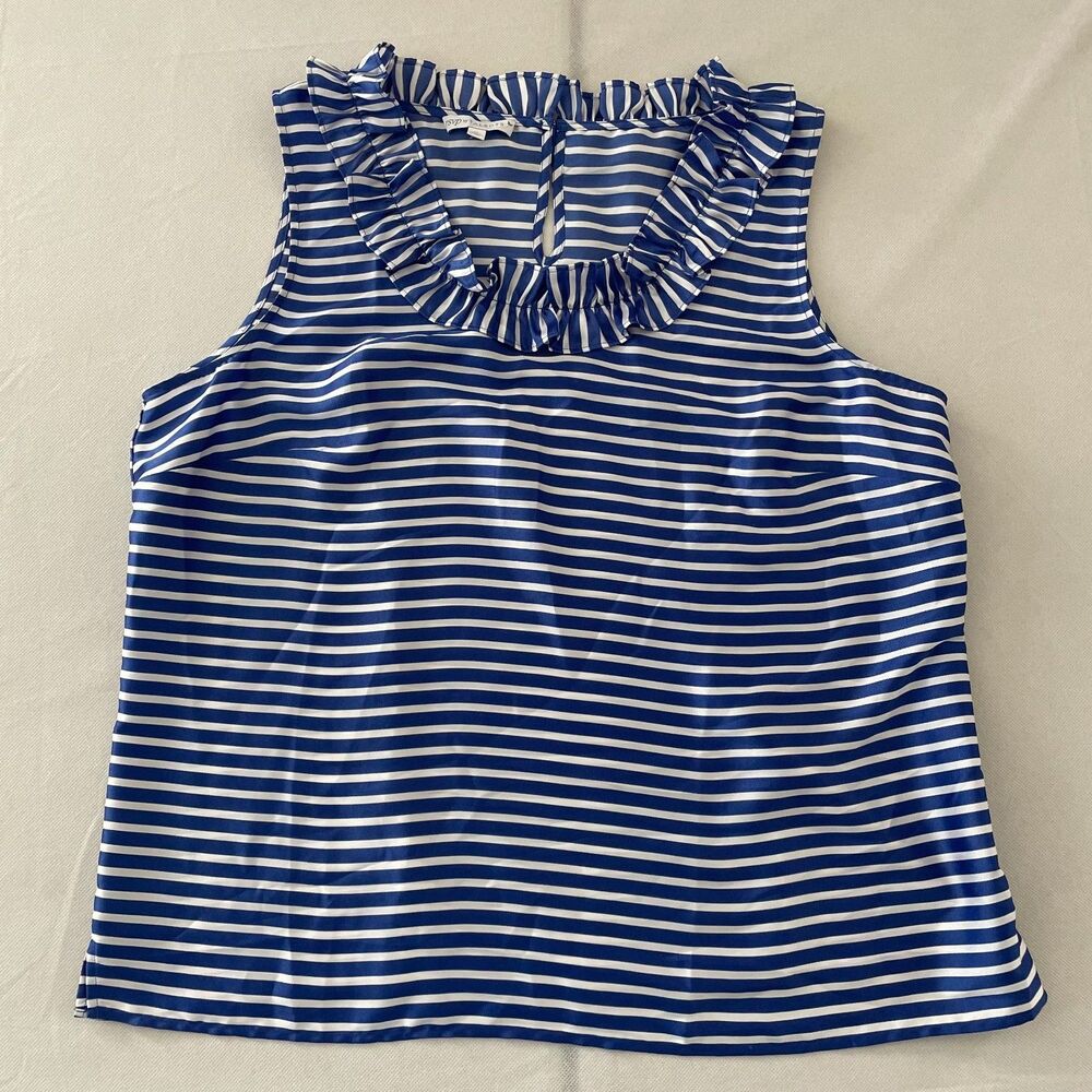 RSVP by Talbots Womens XL Blue White Striped Ruffle Neck Sleeveless Blouse Top